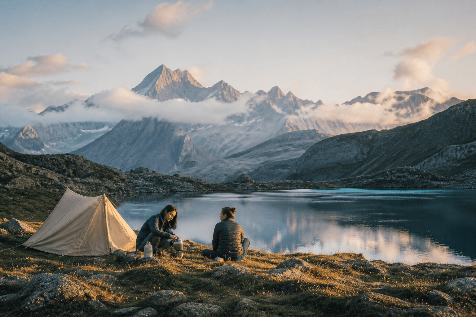 Travelers resting beside a tent at an alpine lake