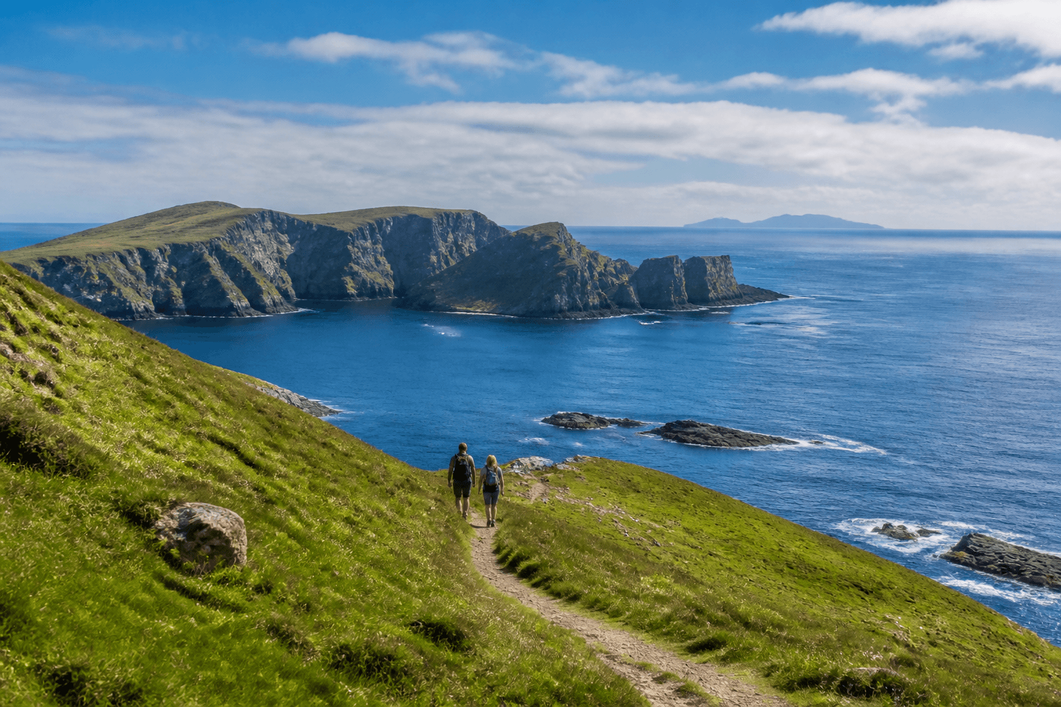 Travelers walking a grassy trail above a blue coast