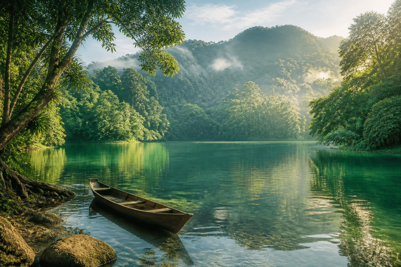 A canoe resting on a clear rainforest lake in Indonesia